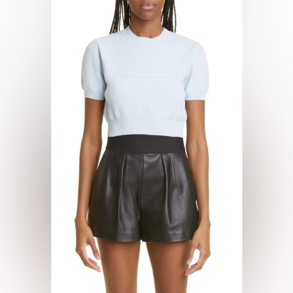 NWOT Alexander Wang Short Sleeve Embossed Logo Pullover Cropped Sweater XS